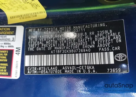 2011 Toyota Camry Se/Le/Xle from USA, damaged, VIN 4T1BF3EK9BU726840